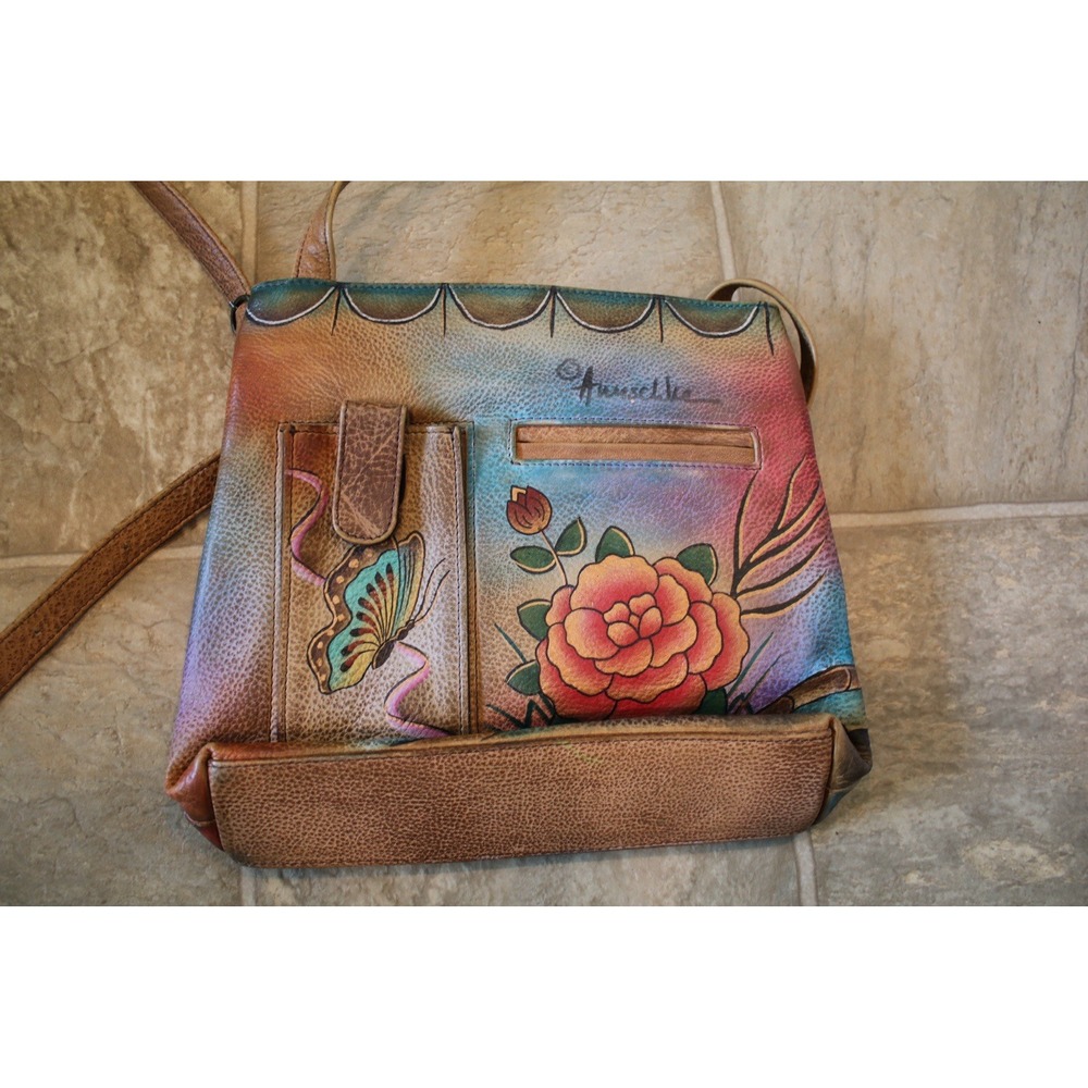 Anushka Hand Painted Butterflies And Flowers Leather Crossbody Handbag